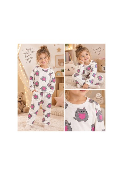 Genel Markalar Kız Çocuk Pembe Kedi Desenli Beyaz Renk Pijama Takımı Beyaz Beyaz
