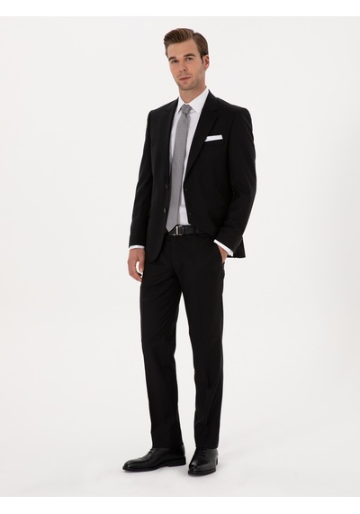 Cacharel Siyah Slim Fit %100 Yün Mono Yaka Basic Takım Elbise