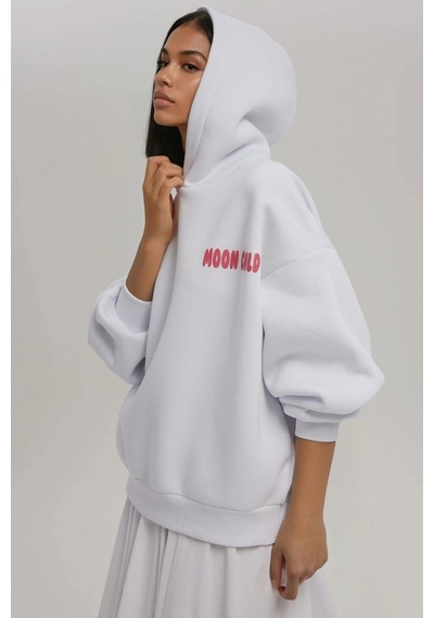 Hiccup Oversize Baskılı Kapüşonlu Sweatshirt Tozlu Beyaz