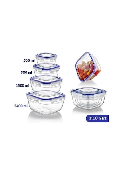 Asude Asd067 Dikdörtgen Sızdırmaz Şeffaf Saklama Kabı Seti 4 Lü 500-900-1500-2400 Ml Çok Renkli