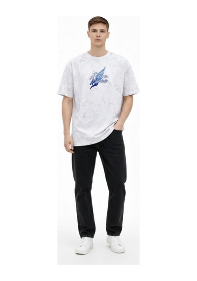 Erkek Asit Yıkamalı Oversize Tişört Future Worlds Baskılı Bisiklet Yaka Kısa Kollu Streetwear %100 Pamuk Street Style T-shirt - Beyaz Siyah
