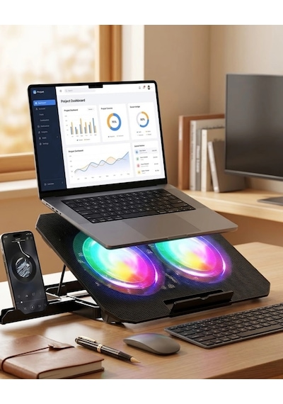 Çift Fanlı Laptop Soğutucu Rgb Işıklı Sessiz Notebook Standı