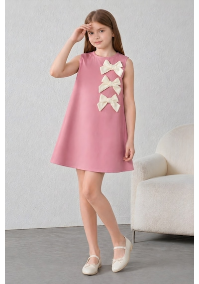 Fesshera Kids Kız Çocuk %100 Pamuk Double Crep Elbise Fiyonk Detaylı Sıfır Kollu Düğme Kapamalı Özel Gün Elbisesi Pembe