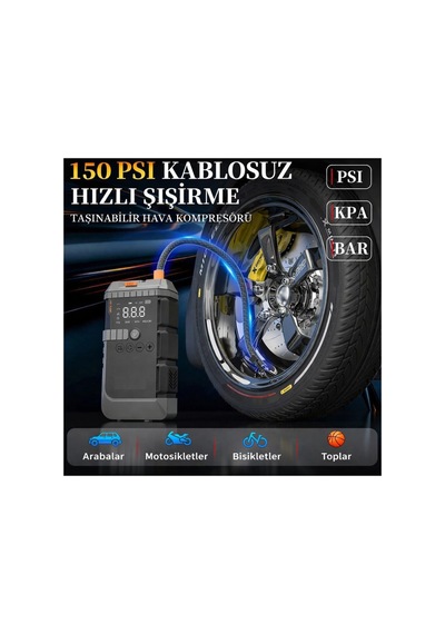 12000 Mah Akü Takviye Cihazı 150 Psi Lastik Şişirme Powerbank Led Işıklı Acil Durum Güç Kaynağı