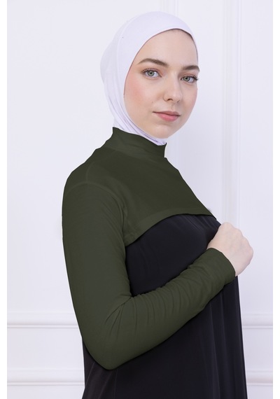 Loggia Balıkçı Yaka Boyunluklu Kolluk Haki Yeşil - Likralı Dik Yakalı Kadın Body Tesettür Crop Bolero Haki