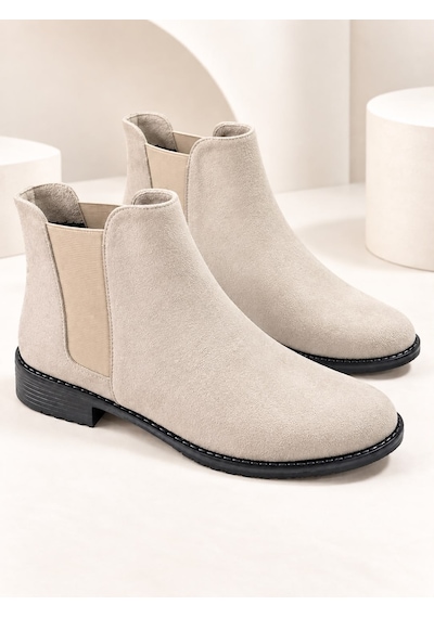 Dabab Shoes Maral Kadın Bej Süet Yuvarlak Burun Lastik Detaylı 3 Cm Topuklu Kaymaz Taban Chelsea Bot Bootie