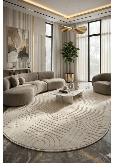 Modern Oval Halı Bambu Dokulu Kaymaz Taban Yumuşak Salon Yatak Odası Halısı Krem