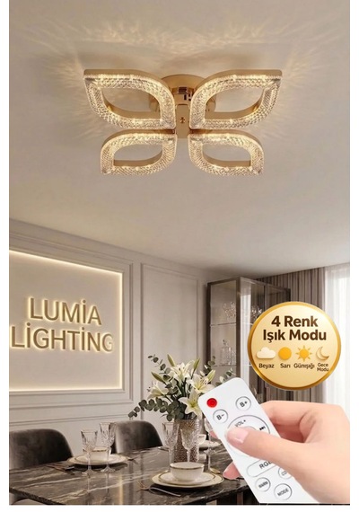 Yonca Model Gold Kumandalı 4"lü Ledli 3 Renk Modu Kristal Salon Mutfak Yatak Çocuk Odası Avize