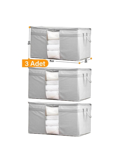 Serstil 3 Adet - Pencereli Yastık Yorgan Hurcu 75 X 40 X 40cm - Gri Benekli Gb-3y