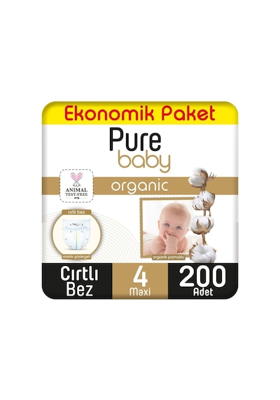 Pure Baby Organik Pamuklu Cırtlı Bez Ekonomik Paket 4 Numara Maxi 200 Adet