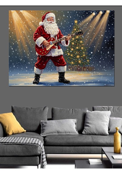 Gitar Çalan Noel Baba Figürü Dekoratif Kanvas - Mdf Ahşap Tablo