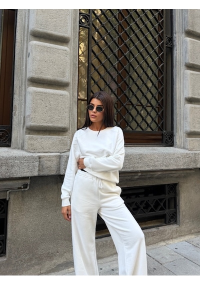 Out Of Standart Kadın Wide-leg Kalıp Beli Lastikli Kordon Detaylı Eşofman Altı Ekru