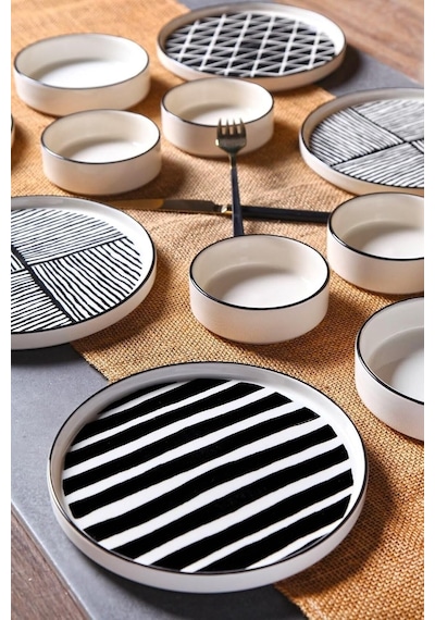 12 Parça 6 Kişilik Stackable Black Eyes Kahvaltı Takımı - Lüx Kahvaltılık Sunum Tabağı Seti,siyah Beyaz Diğer
