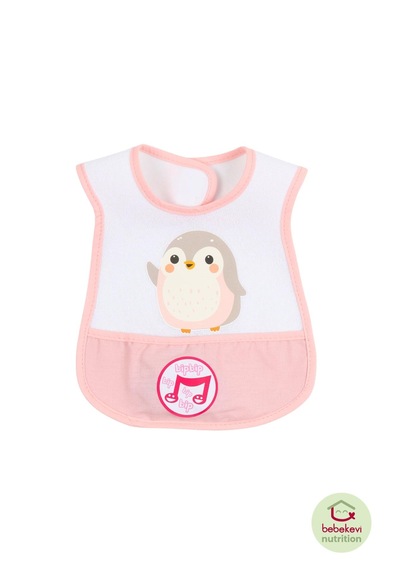 Düdüklü Cepli Sıvama Mama Önlüğü - Minik Penguen Pembe Bebek Önlüğü Koyu Pembe