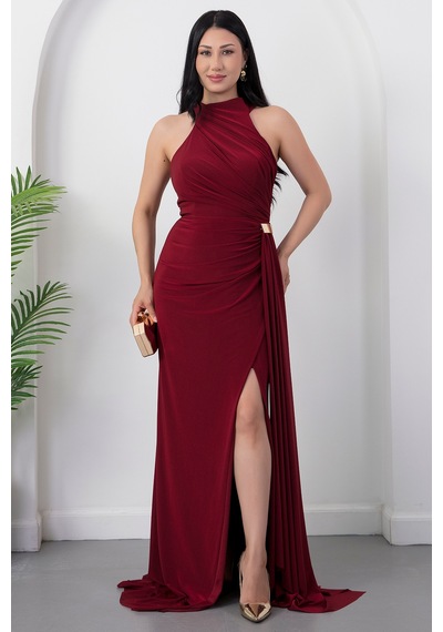 Kalopya Halter Yaka Drapeli Tokalı Abiye Elbise Ecr5862 Bordo