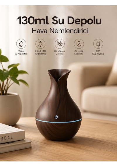 130ml Aromaterapi Difüzörü Hava Nemlendirici 7 Renk Led Işıklı - Lisinya