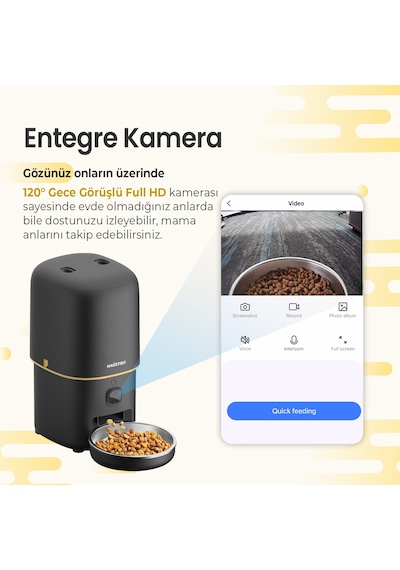 Haustier Pf05 Siyah Kameralı 1080p Fhd Gece Görüş Akıllı Otomatik Kedi Mama Kabı, Tuya App-wifi Uzaktan Kontrol, Sesle Çağırma, 2.4ghz-5ghz, 4lt Hazne, Metal Kase