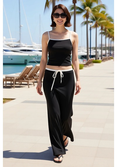 Benerly Kadın İnce Askılı Havuz Yaka Fitted Esnek Örme Crop Top Maxi Etek siyah