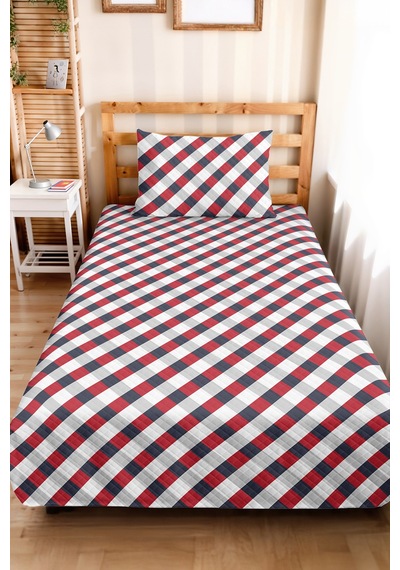 Kırmızı Ekose Geometrik Genç Odası Tek Kişilik Pike Takımı - Lacivert Modern 160x220 Cm Yatak Örtüsü Günbatımı Sis Uyumu