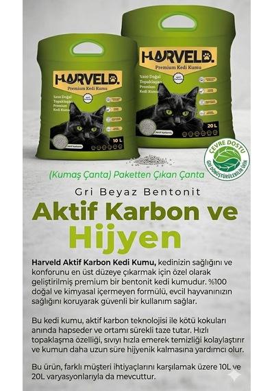 Aktif Karbonlu Kedi Kumu 10l - Topaklanan Tozsuz İnce Bentonit, Koku Hapseden Aktif Karbon Granüllü, Kokusuz Kedi Tuvalet Kumu