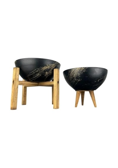 Siyah Gold Mermer Efektli 3-4 Ayaklı Toprak Saksı İkili Set - 20 Cm Çap