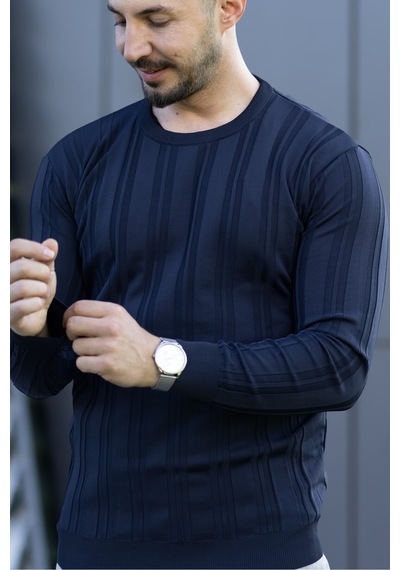 Hk Premium Kazak Fitilli Bisiklet Yaka Slim Fit Triko Lacivert
