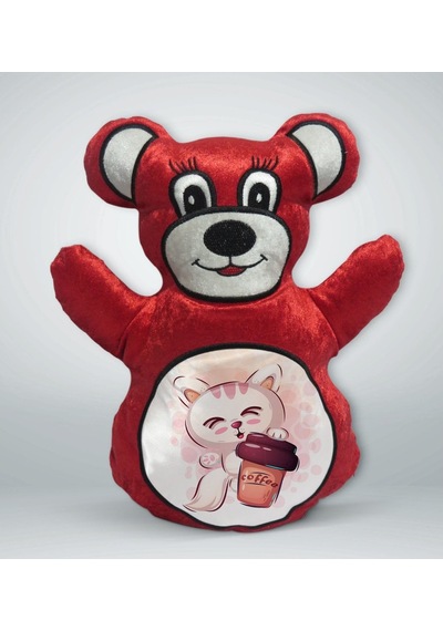 Bk Gift Sevimli Kedi Tasarımlı Kırmızı Ayıcık Yastık-3