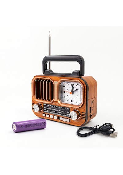 Nns Ns-7116bt Nostaljik Ahşap Görünümlü Bluetooth Radyo Saatli 1200mah Şarjlı Kamp Ve Ev Tipi Müzik Çalar Kahve