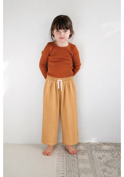 Cigit Organic Beli Fırfırlı Geniş Kesim Müslin Pantolon 1-8 Yaş Sundres Sarı