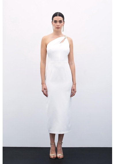 Sateen Aksesuar Detaylı Elbise - Ekru-135810 Ekru