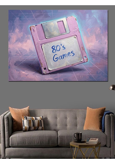 Pembe Disket 80's Games Tablosu Dekoratif Kanvas - Mdf Ahşap Tablo