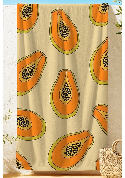 Papaya Meyve Temalı Tropikal Plaj Havlusu - Yaz Stili Krem Turuncu Hızlı Kuruyan Mikrofiber Havlu Çok Renkli