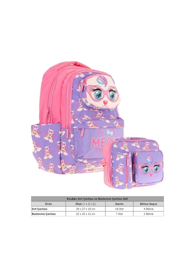 Kaukko Kız Çocuk 3d Kedi Şekilli Mor Pembe Okul Sırt Çantası Ve Isı Yalıtımlı Beslenme Çantası Seti Mor - Pembe