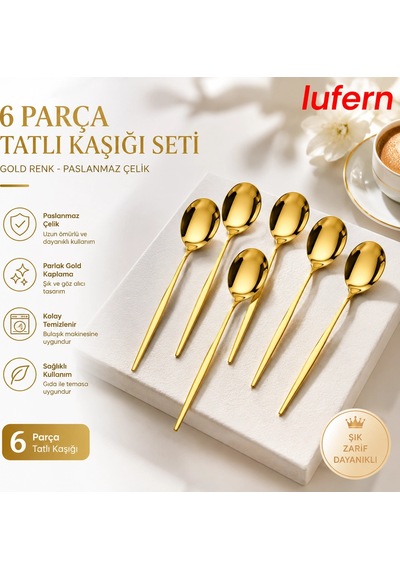 Paslanmaz Çelik 6 Parça Tatlı Kaşığı Seti Gold Renk Misafir Sunum Özel Davet Restoran Kafe Ofis