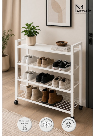 Loft 4 Katlı Siyah Tekerlekli Metal Ayakkabılık, Ahşap Mdf Tablalı, Çok Amaçlı Ayakkabı Düzenleyici, 77x30x70 Cm Beyaz Loft 4 Katlı Siyah Tekerlekli Metal Ayakkabılık, Ahşap Mdf Tablalı, Çok Amaçlı Ayakkabı Düzenleyici, 77x30x70 Cm Beyaz
