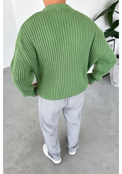 Yeşil Bisiklet Yaka Fitilli Oversize Triko Kazak Yeşil