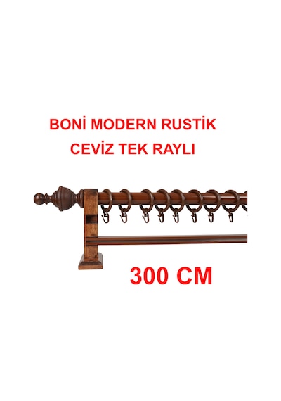 Boni Modern Rustik Ahşap Rustik Perde Askısı Tek Raylı-ceviz 300 Cm Ceviz