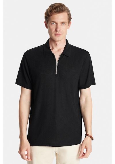 Tudors Erkek Slim Fit Dar Kesim Viskon Fermuarlı Polo Yaka Siyah Tişört-34358 SIYAH