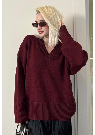 Madmext Koyu Bordo V Yaka Oversize Kadın Triko Kazak Mg2149 Koyu Bordo