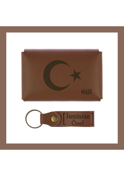 Miaju Kahve Renk, Ayyıldız Desenli, İsme Özel, Cüzdan Ve Anahtarlık Set, Dosta Hediyelik Unutulmaz Anı Kahve Kahverengi