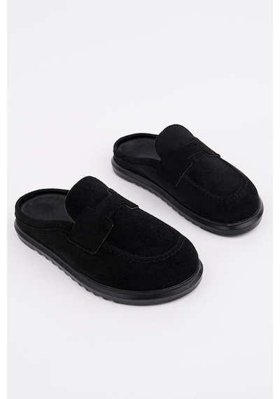 Muggo Vintage Süet Deri Günlük Rahat Önü Kapalı Kadın Loafer Terlik Siyah