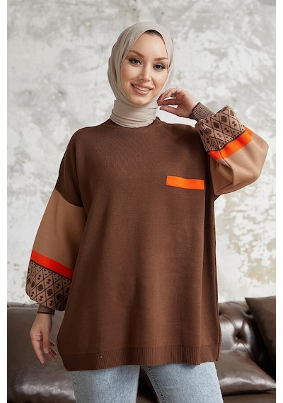 Enmodastyle Kolu Etnik Desen Triko Kazak Tunik Kahverengi