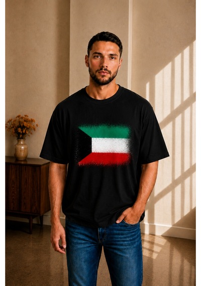 Sngl Tekstil Erkek Oversize Kuveyt Bayrak Baskılı Kısa Kollu Tişört S M L Xl 2xl Siyah