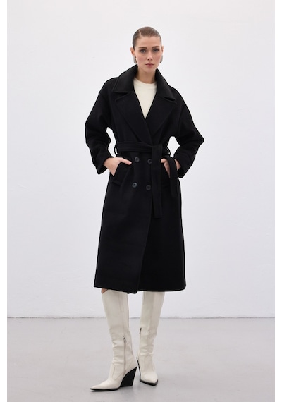 Sateen Beli Bağlamalı Uzun Kaban - Siyah-136629 Siyah