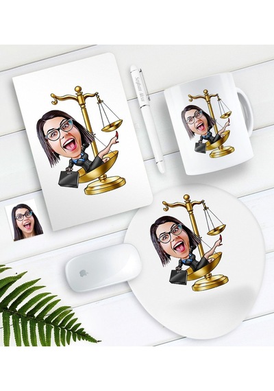 Kişiye Özel Bayan Avukat Karikatürlü Defter Kalem Kupa Mouse Pad Seti-4