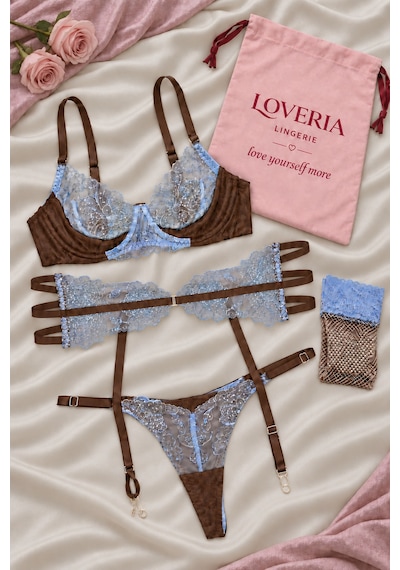 Loveria Mavi Dantelli Sütyen Külot Jartiyer Ve Çorap 4 Parça İç Giyim Takımı Kahverengi-mavi Kahverengi-mavi Loveria Mavi Dantelli Sütyen Külot Jartiyer Ve Çorap 4 Parça İç Giyim Takımı Kahverengi-mavi Kahverengi-mavi