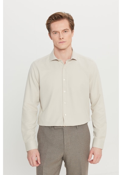 AC&Co / Altınyıldız Classics ERKEK BEJ Kolay Ütülenebilir Slim Fit Dar Kesim İtalyan Yaka Armürlü Gömlek Bej
