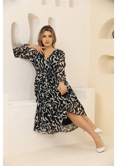 Dip Moda Kadın Midi Boy Desenli Şifon Elbise Dprssn32 Siyah