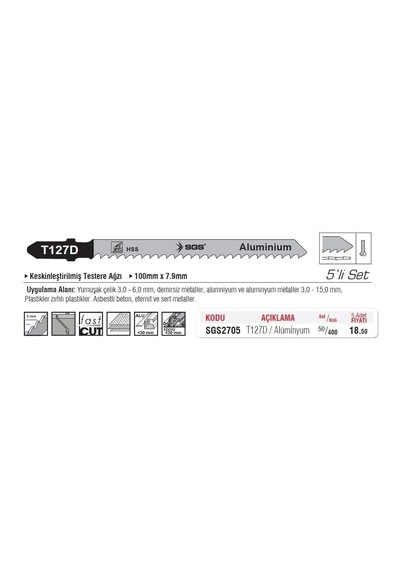 Sgs2705 - T127d Dekupaj Ağzı Alüminyum Kesme Ucu 100mm X 7.9mm 5 Adet