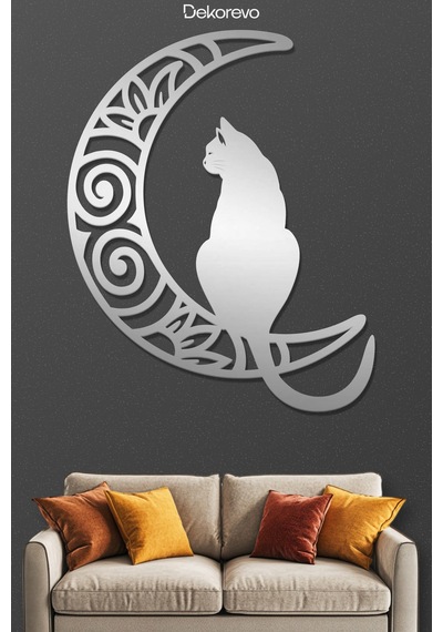 Aydaki Kedi Metal Duvar Tablosu - Metal Duvar Sanatı - Krom - 40 X 50 Cm